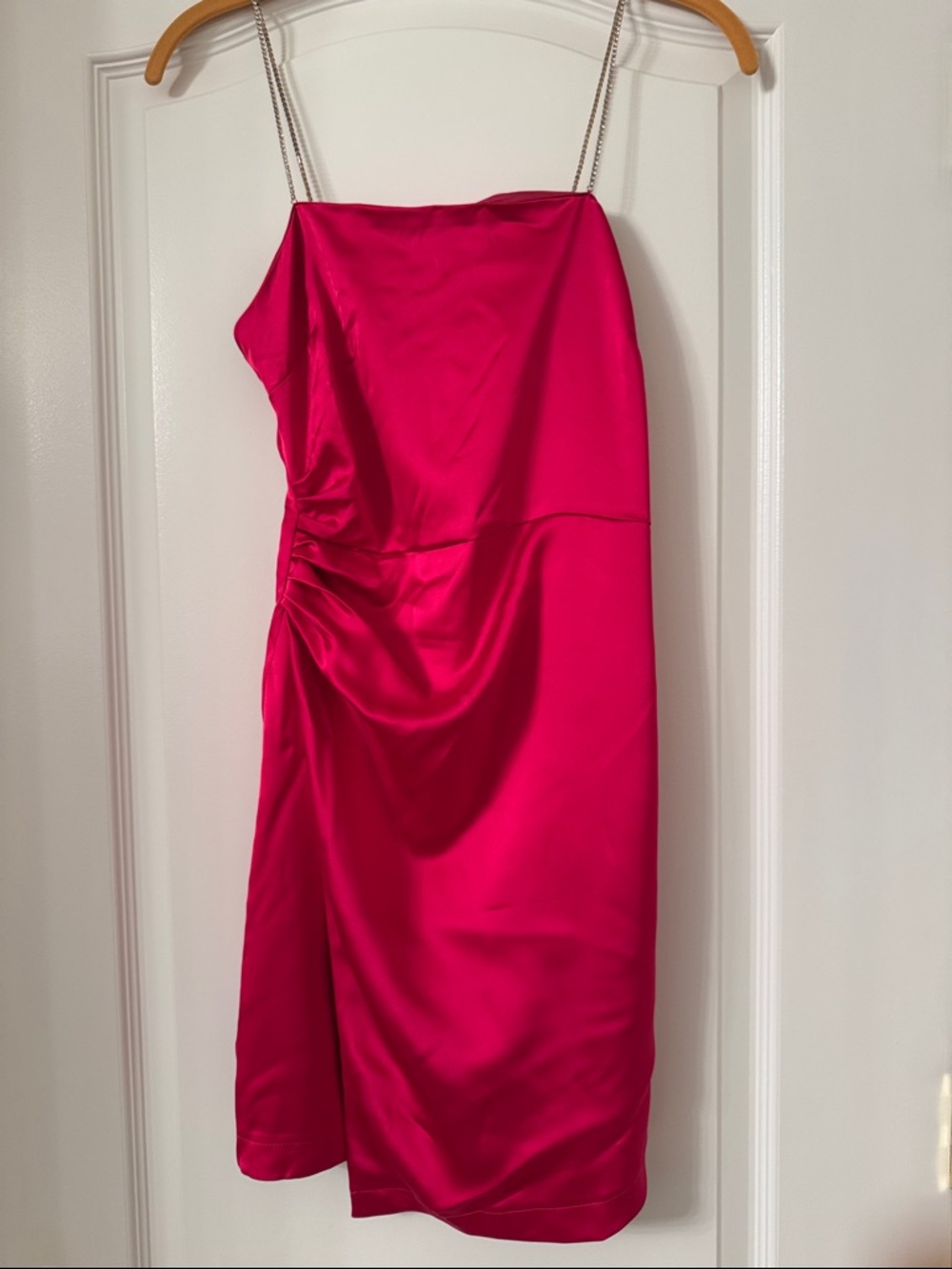 Zara One-Shoulder Fuchsia Satin Dress with Crystalline Straps